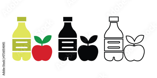 Colorful and monochrome apple fruit with bottle set on a white background