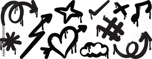 Dynamic collection of black graffiti symbols with dripping paint effects. Features arrows, stars, hearts, and music notes, embodying a raw urban art concept for graphic design