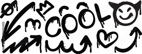 Graffiti elements, including arrows, crowns, and drip effects, with the word 'Cool' in a stylized font, perfect for urban art and design projects