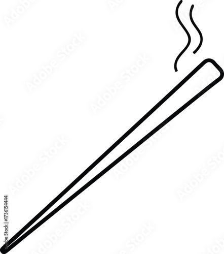 Black outline of a single burning incense stick with smoke on white background aroma