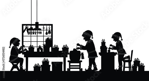 Silhouetted elves preparing christmas gifts in santa's workshop