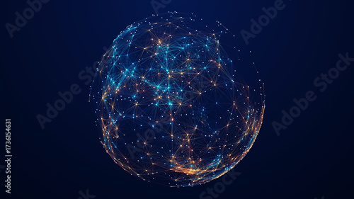 Futuristic digital sphere with glowing network connections, AI, big data, and cybersecurity concept.