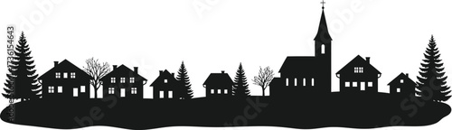 Black silhouette of a village with church and mountains