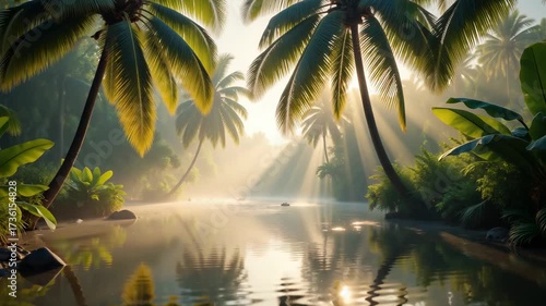 Tropical Paradise Lagoon – Cinematic Palm Trees and Misty Water with Golden Sunlight for Luxury Resort Marketing, Travel Videos, and Relaxation Content