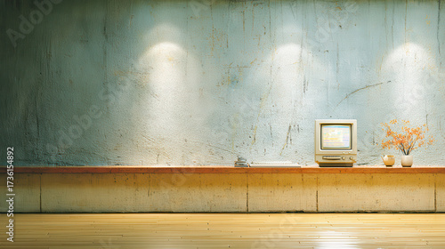 Vintage computer on wooden shelf with dried flowers and books under soft wall lights in minimal retro room