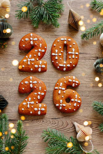 Gingerbread 2026 Cookies Forming The Year On Wooden Table With Pine Branches And Festive Decor