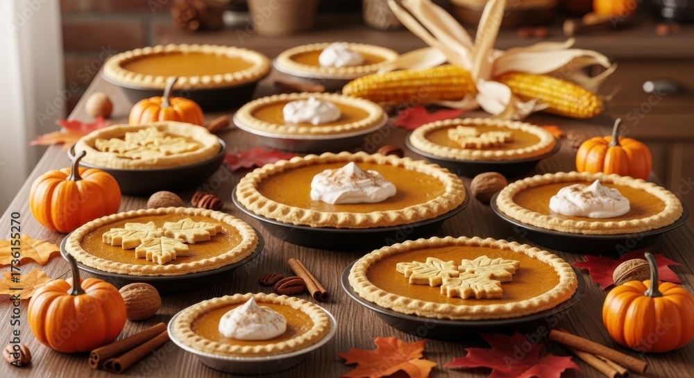 Fototapeta premium Spooky Halloween pumpkin pie assortment presented on rustic wood table with gourds. Halloween pumpkin pie is a holiday essential, perfect for gathering friends and family for a feast.