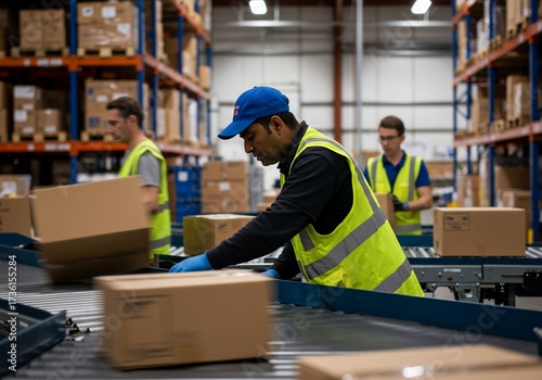 Workers Handling Packages on Conveyor Belt in Warehouse