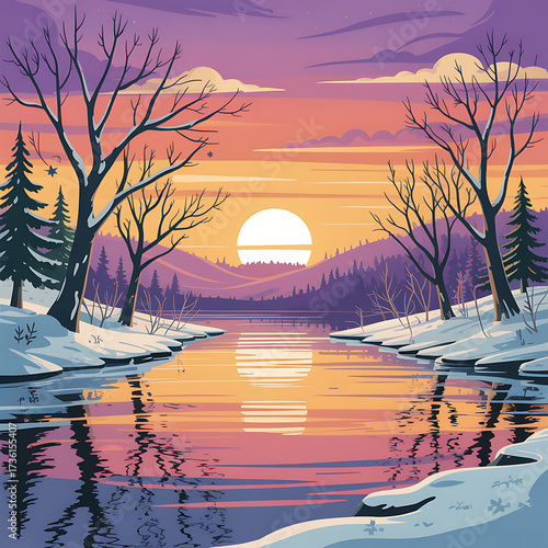 Serene winter sunset over a calm river reflection trees snow peaceful evening sky