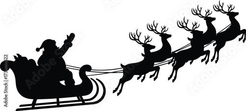Santa claus silhouette with reindeer flying in the sky