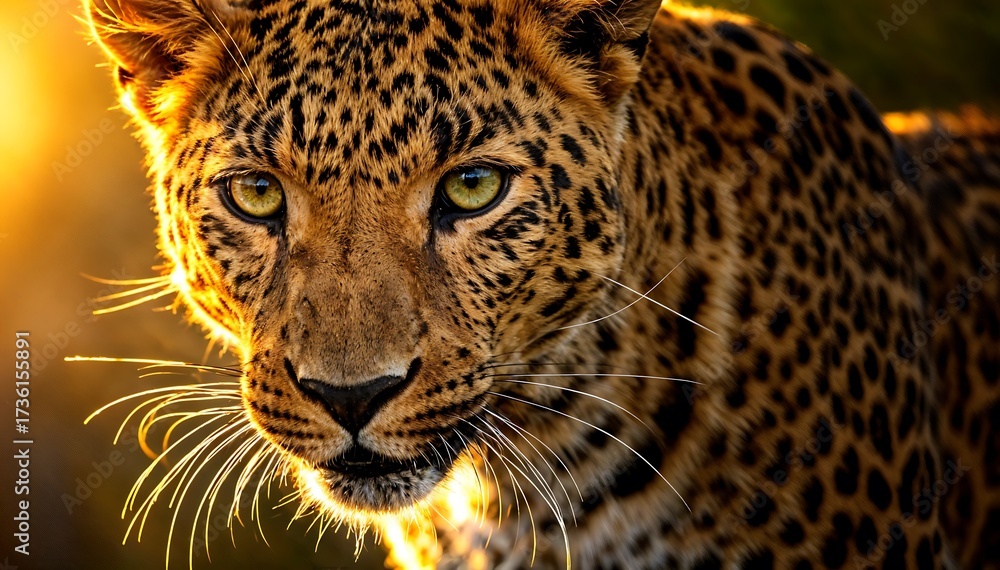 Naklejka premium Alert Leopard Portrait Intense Green Eyes Under Golden Sunlit Glow