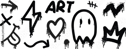 A collection of black graffiti spray paint elements with a dripping effect. Urban street art style doodles including a heart, crown, and ghost character