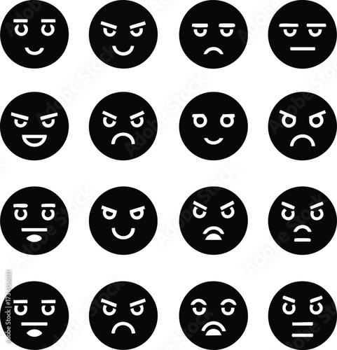 A collection of sixteen black glyph icons showing various angry, annoyed, and negative facial expressions.