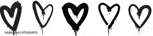 Set of five hand-drawn spray paint hearts in black on a white background, a simple yet impactful graphic design element