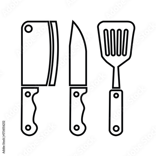 Line art shows cleaver, knife, and spatula with dark handles against white background