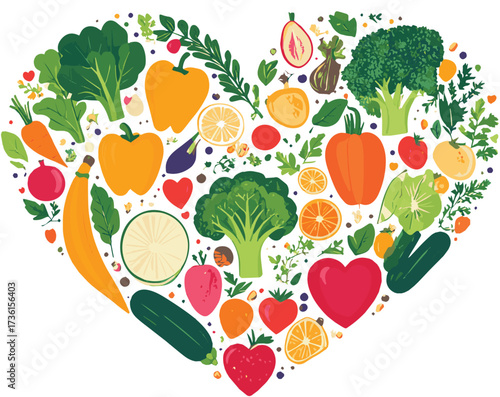 Healthy lifestyle and nutrition concept with a heart shape composed of fresh, organic vegetables and fruits, promoting wellness and a love for wholesome food