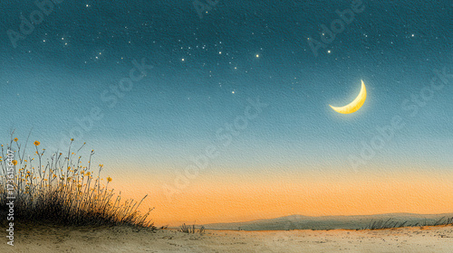 Crescent moon glowing softly over calm landscape with wildflowers and stars in peaceful twilight sky