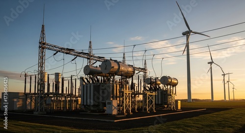 Electricity substation with transmission towers and wind power