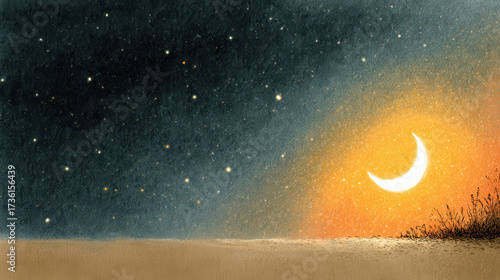 Crescent moon glowing softly over sandy landscape with starry night sky and gentle plants creating peaceful atmosphere