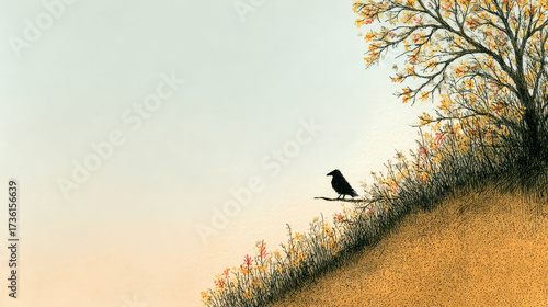 Autumn landscape with black bird perched on branch near tree with orange and yellow leaves, evoking calm and solitude
