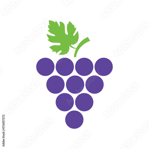 Purple grapes cluster with a vibrant green leaf on a simple white background