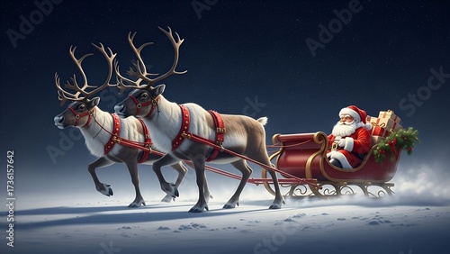 Santa Claus joyfully rides a sleigh pulled by reindeer through a snowy winter landscape, delivering gifts.