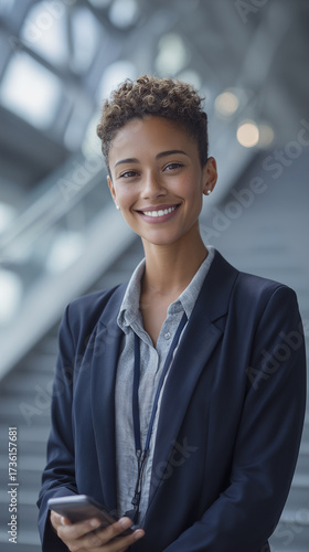 Happy young man in casual suit smiling while holding smartphone indoors. AI generated