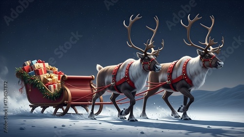 Two reindeer pulling a sleigh laden with Christmas gifts across a snowy landscape.