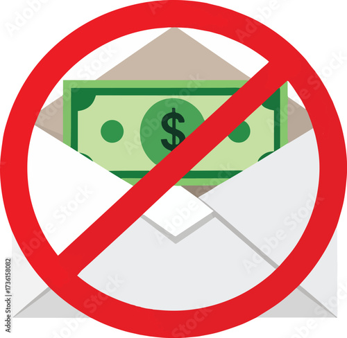 Vector illustration of a forbidden sign over an envelope containing a dollar bill, symbolizing the rejection of bribery, corruption, and illegal payments