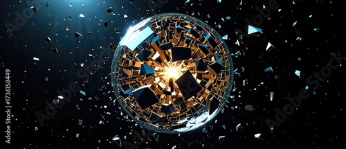 Exploding metallic sphere with luminous core and flying debris