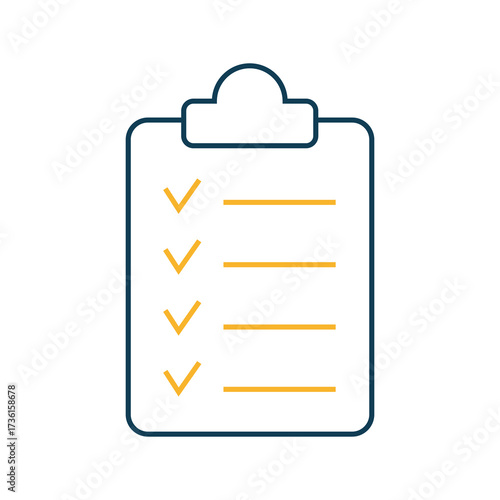 Simple outlined clipboard showing four golden check marks and lines on white background