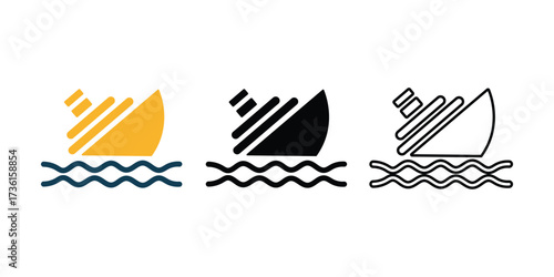 Stylized ship icons depict vessel transport on water waves against a white background