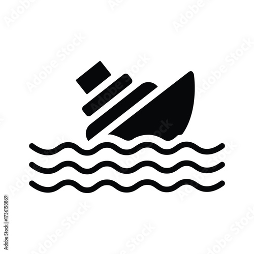 Sinking ship icon shows disaster within the water waves in transparent background
