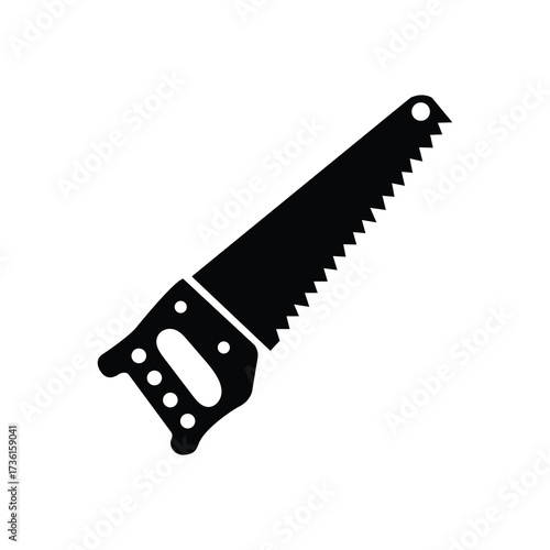 The single black hand saw carpentry tool is shown against a white background
