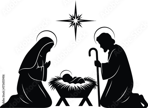 Nativity scene silhouette with mary joseph and baby jesus