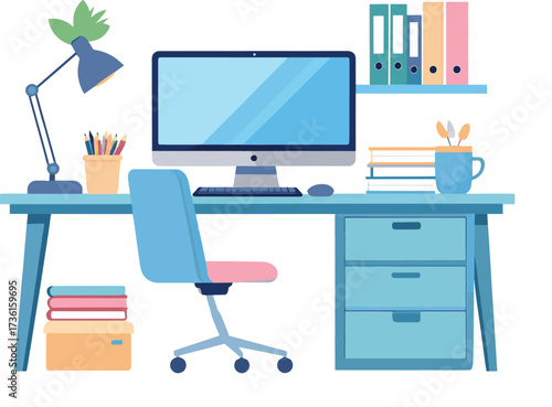 Cozy home office setup with a computer desk, chair, lamp, books, and supplies, perfect for remote work or study