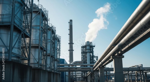 Industrial energy facility with chimneys and steel structures