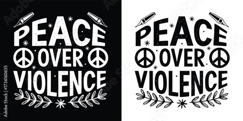 Peace over violence text with peace symbol and laurel wreath, graphic design