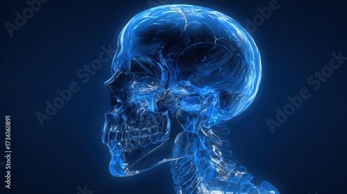 Luminous Blue Digital Anatomy - A Translucent 3D Rendering of a Human Skull in Profile.