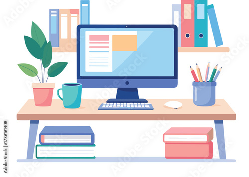 Modern home office workspace concept featuring a desktop computer, books, and plant for freelance or remote work