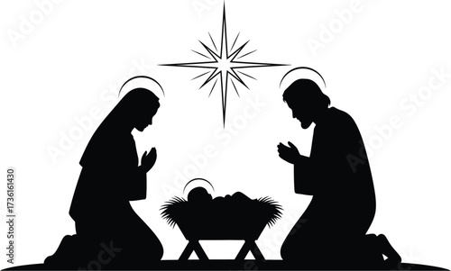 Nativity scene silhouette with star of Bethlehem above