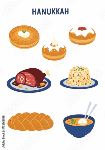 A set of traditional Hanukkah food illustrations. Jewish holiday cuisine including latkes, sufganiyot, brisket, and kugel. Festive meal icons isolated on a white background