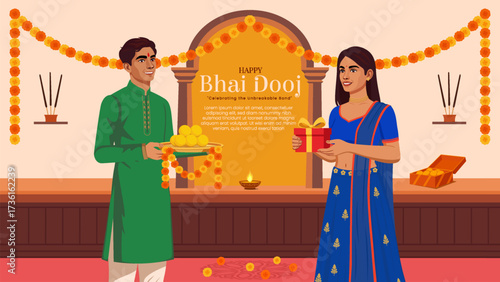 Brother Giving Gift to Sister During Bhai Dooj Festival - Indian Tradition Illustration