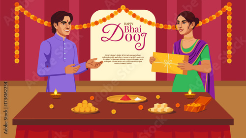 Sister Offering Sweets and Tilak to Brother - Bhai Dooj Cultural Celebration Illustration