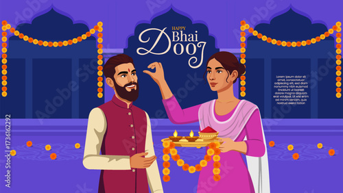 Sister Applying Tilak on Brother’s Forehead – Bhai Dooj Celebration Vector Art