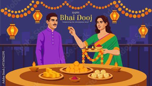 Brother and Sister Sharing Sweets During Bhai Dooj - Indian Festival Vector Illustration
