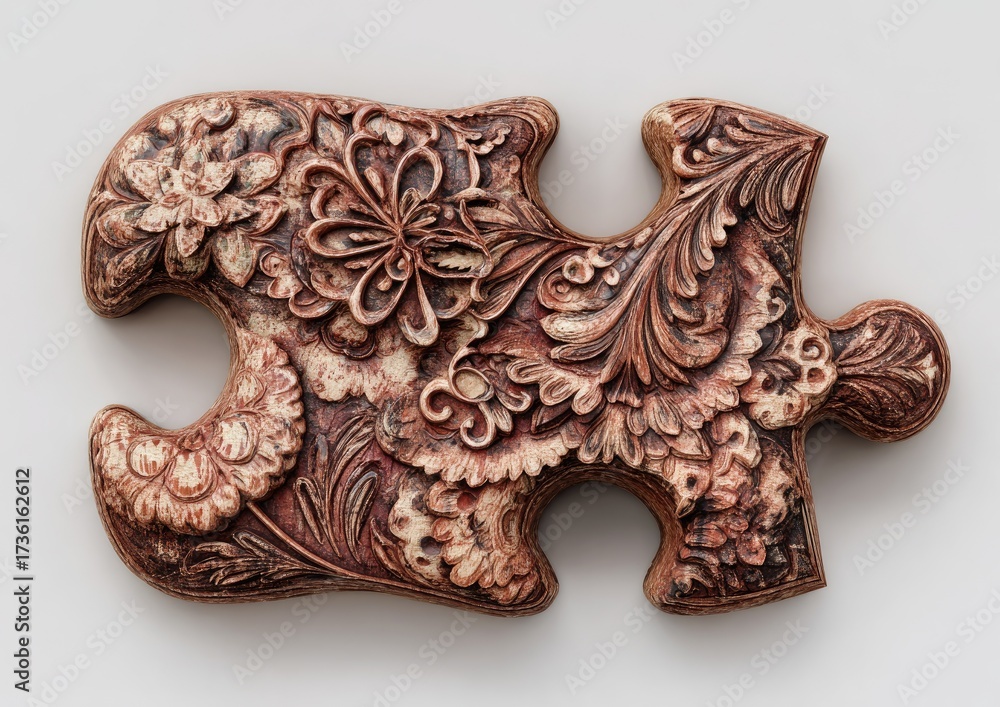 Obraz premium Ornate puzzle piece, detailed floral and leaf carvings, rich terracotta tones
