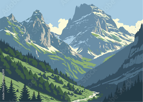 Mountain landscape vintage poster illustration, tall granite peaks, green pine forest and snow covered mountains. Retro travel art print, summer hiking nature background vector graphic.