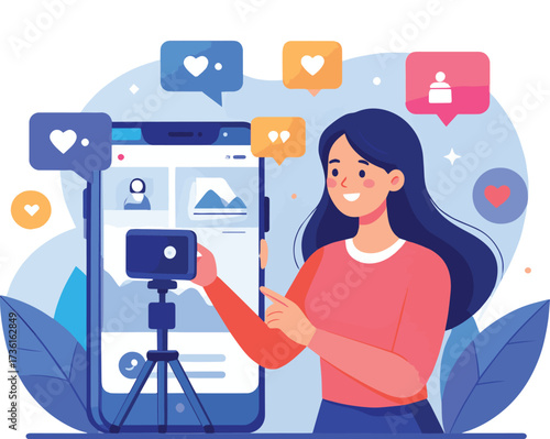 Woman Filming Video for Social Media Platform with Likes, Comments, and Followers Icons