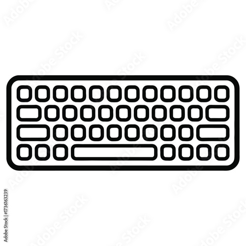 Minimal black and white line art illustration of a key board, bold clean outline, simple smooth curves, isolated on white background, vector style, high contrast, suitable for logos and packaging